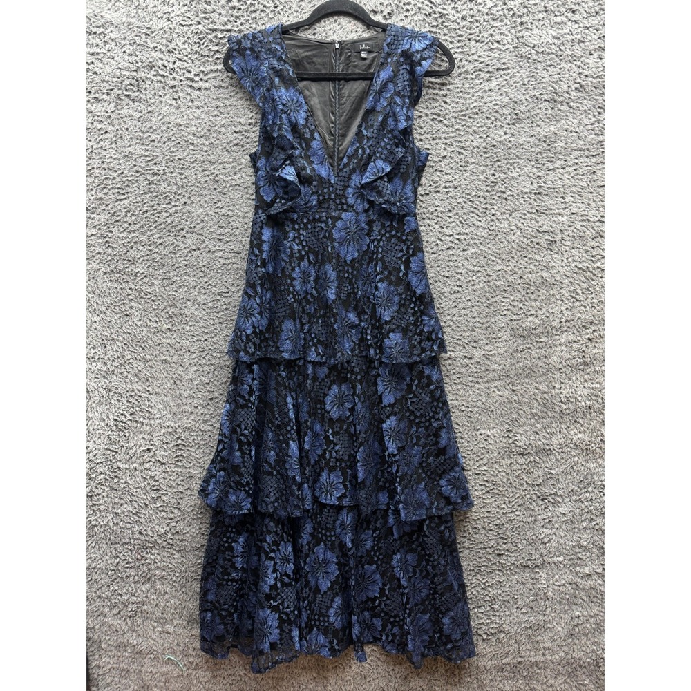 Lulus Molinetto Floral Lace Ruffle Tiered Maxi Dress Navy Blue Womens Size XXS